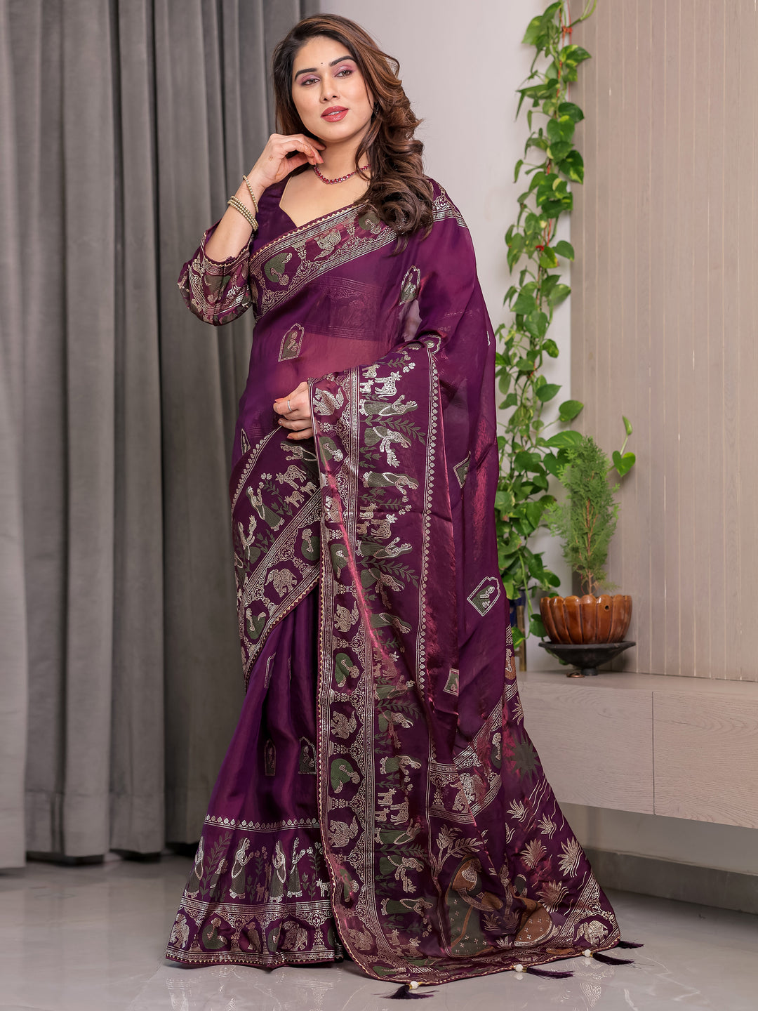 Royal Wine Purple Fendi Satin Peacock & Floral Block and Foil Printed Saree with Traditional Border, Tassel Edges & Attached Blouse