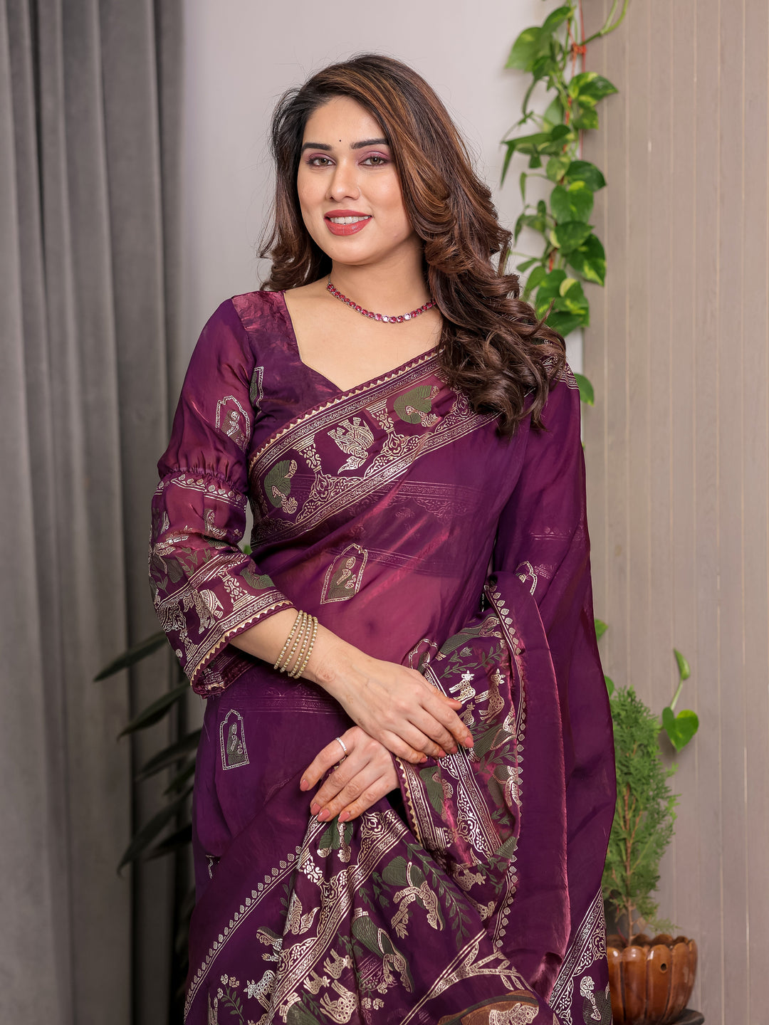 Royal Wine Purple Fendi Satin Peacock & Floral Block and Foil Printed Saree with Traditional Border, Tassel Edges & Attached Blouse