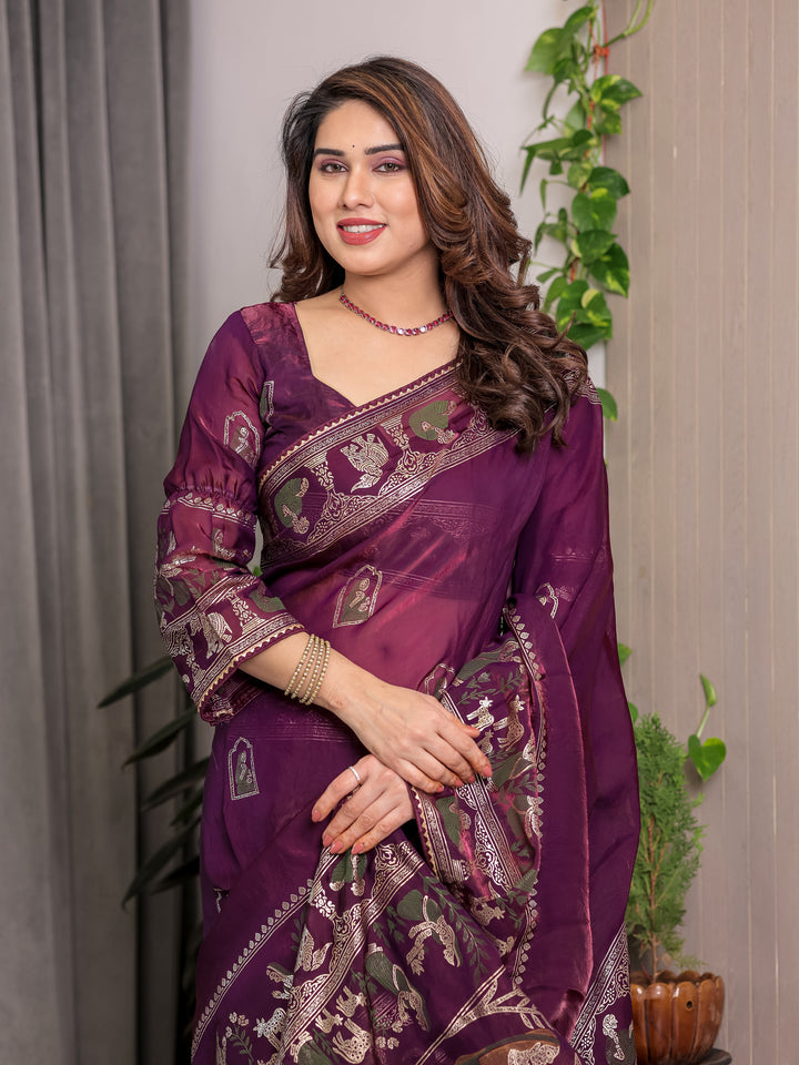 Royal Wine Purple Fendi Satin Peacock & Floral Block and Foil Printed Saree with Traditional Border, Tassel Edges & Attached Blouse