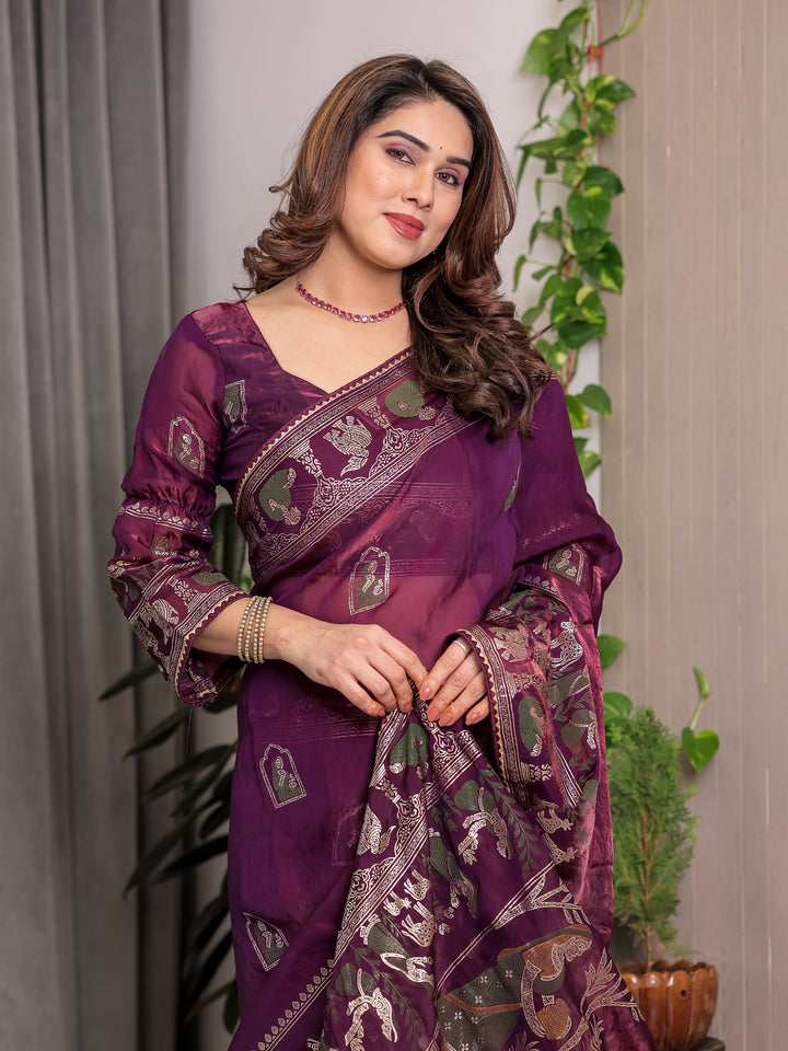 Royal Wine Purple Fendi Satin Peacock & Floral Block and Foil Printed Saree with Traditional Border, Tassel Edges & Attached Blouse