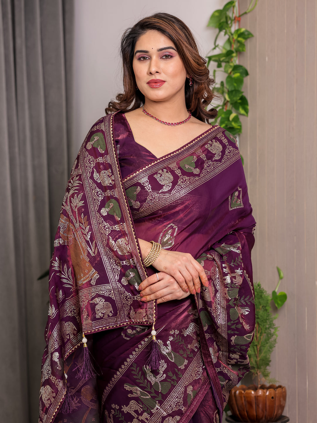 Royal Wine Purple Fendi Satin Peacock & Floral Block and Foil Printed Saree with Traditional Border, Tassel Edges & Attached Blouse
