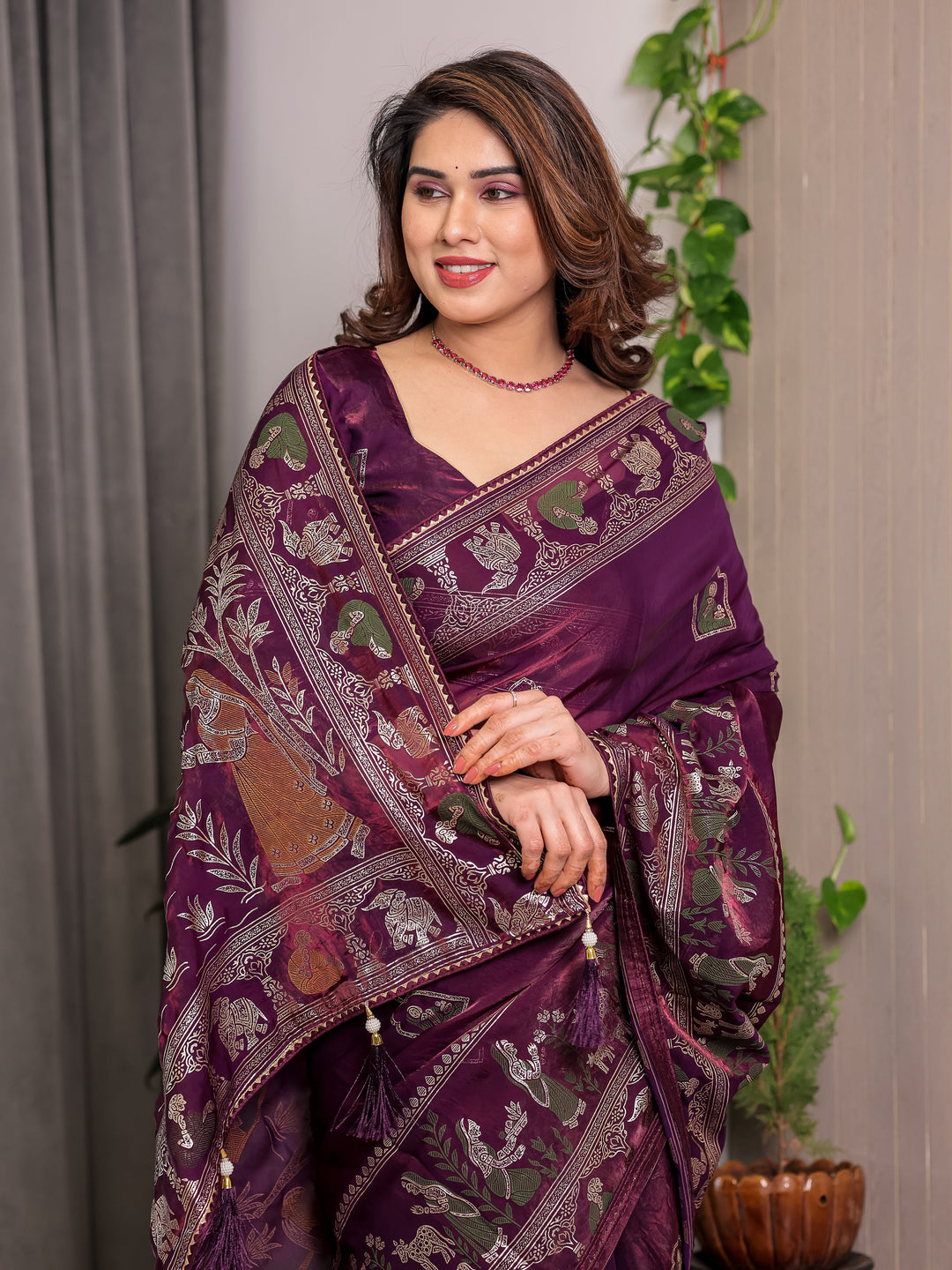 Royal Wine Purple Fendi Satin Peacock & Floral Block and Foil Printed Saree with Traditional Border, Tassel Edges & Attached Blouse