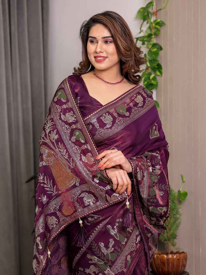 Royal Wine Purple Fendi Satin Peacock & Floral Block and Foil Printed Saree with Traditional Border, Tassel Edges & Attached Blouse
