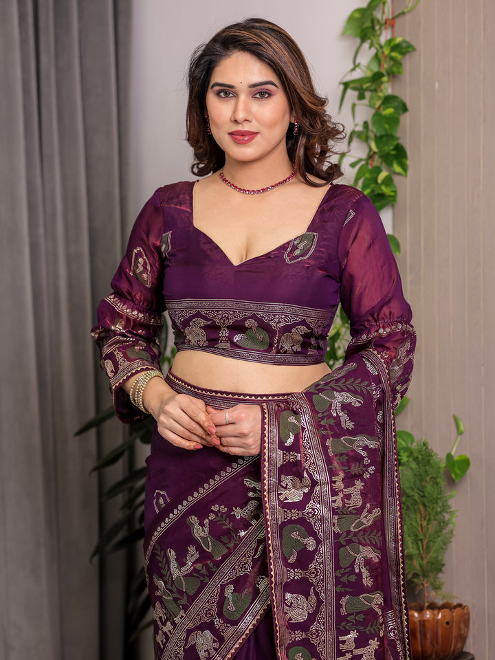 Royal Wine Purple Fendi Satin Peacock & Floral Block and Foil Printed Saree with Traditional Border, Tassel Edges & Attached Blouse