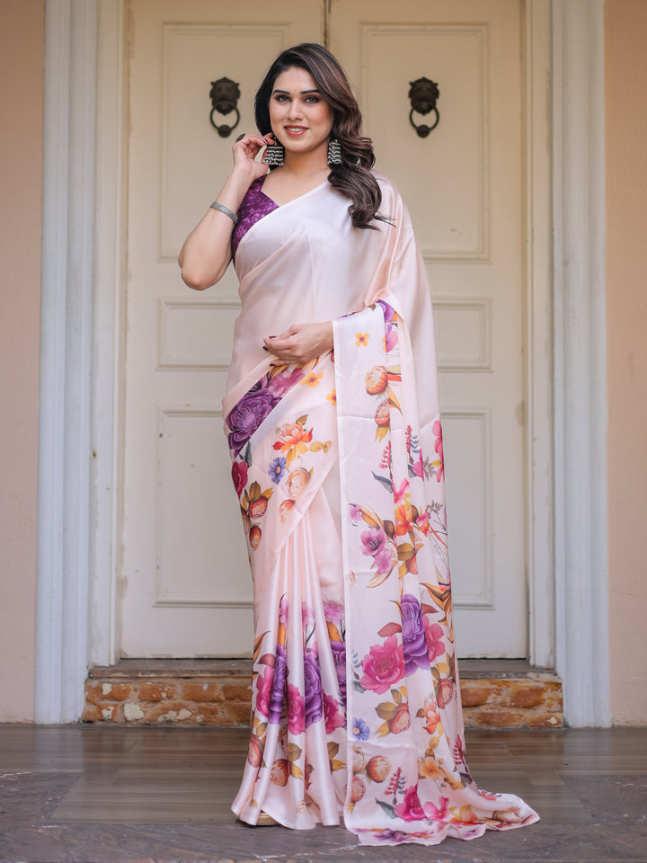 Ivory Multi-Floral Printed Satin Georgette Saree with Contrast Purple Blouse – Elegant Festive & Party Wear
