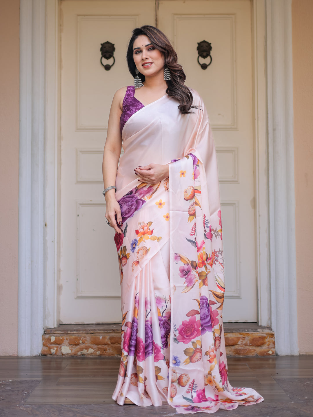 Ivory Multi-Floral Printed Satin Georgette Saree with Contrast Purple Blouse – Elegant Festive & Party Wear