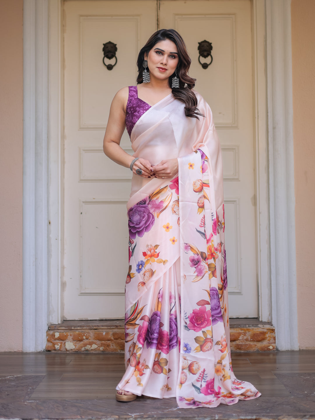 Ivory Multi-Floral Printed Satin Georgette Saree with Contrast Purple Blouse – Elegant Festive & Party Wear