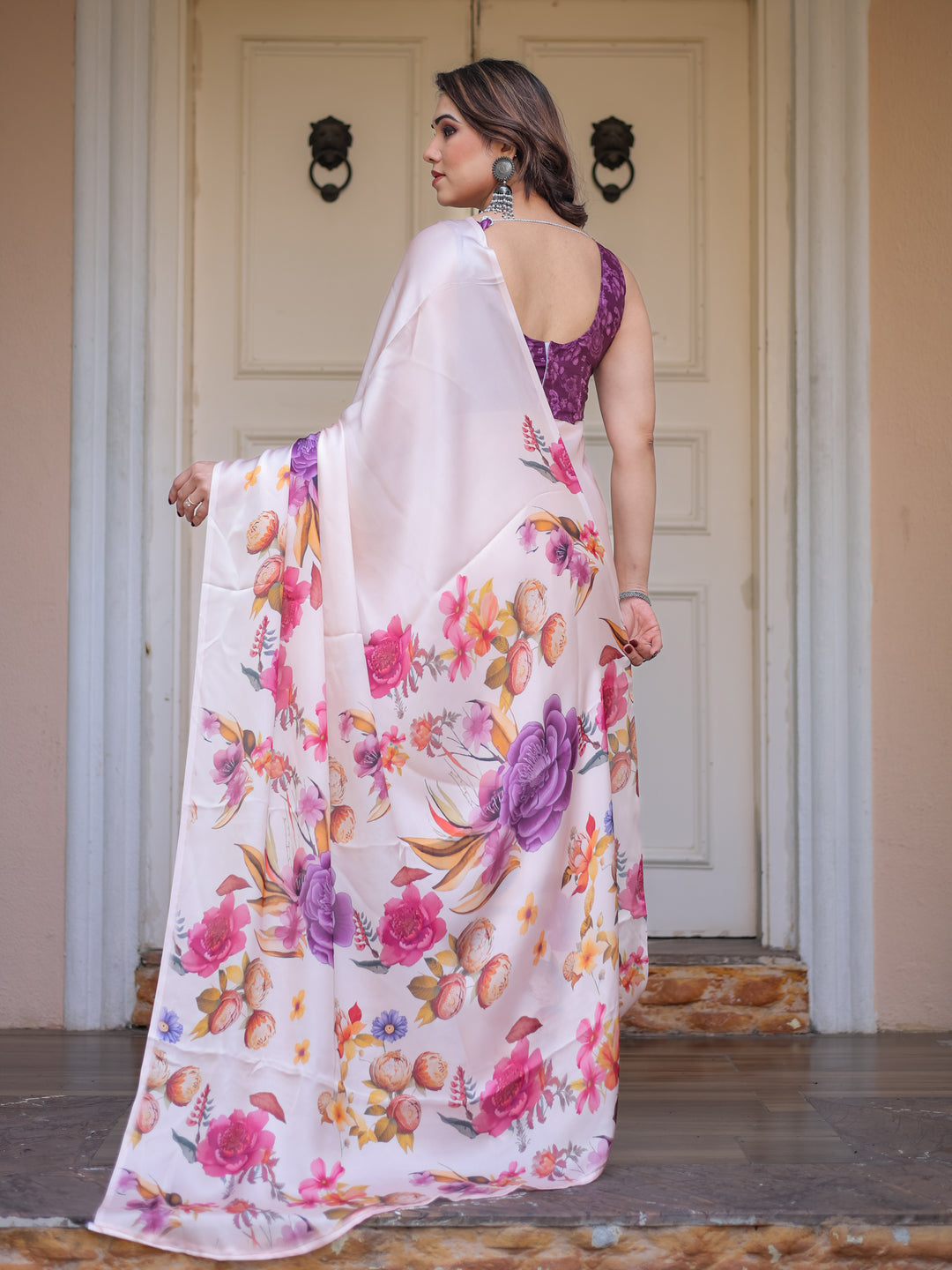 Ivory Multi-Floral Printed Satin Georgette Saree with Contrast Purple Blouse – Elegant Festive & Party Wear