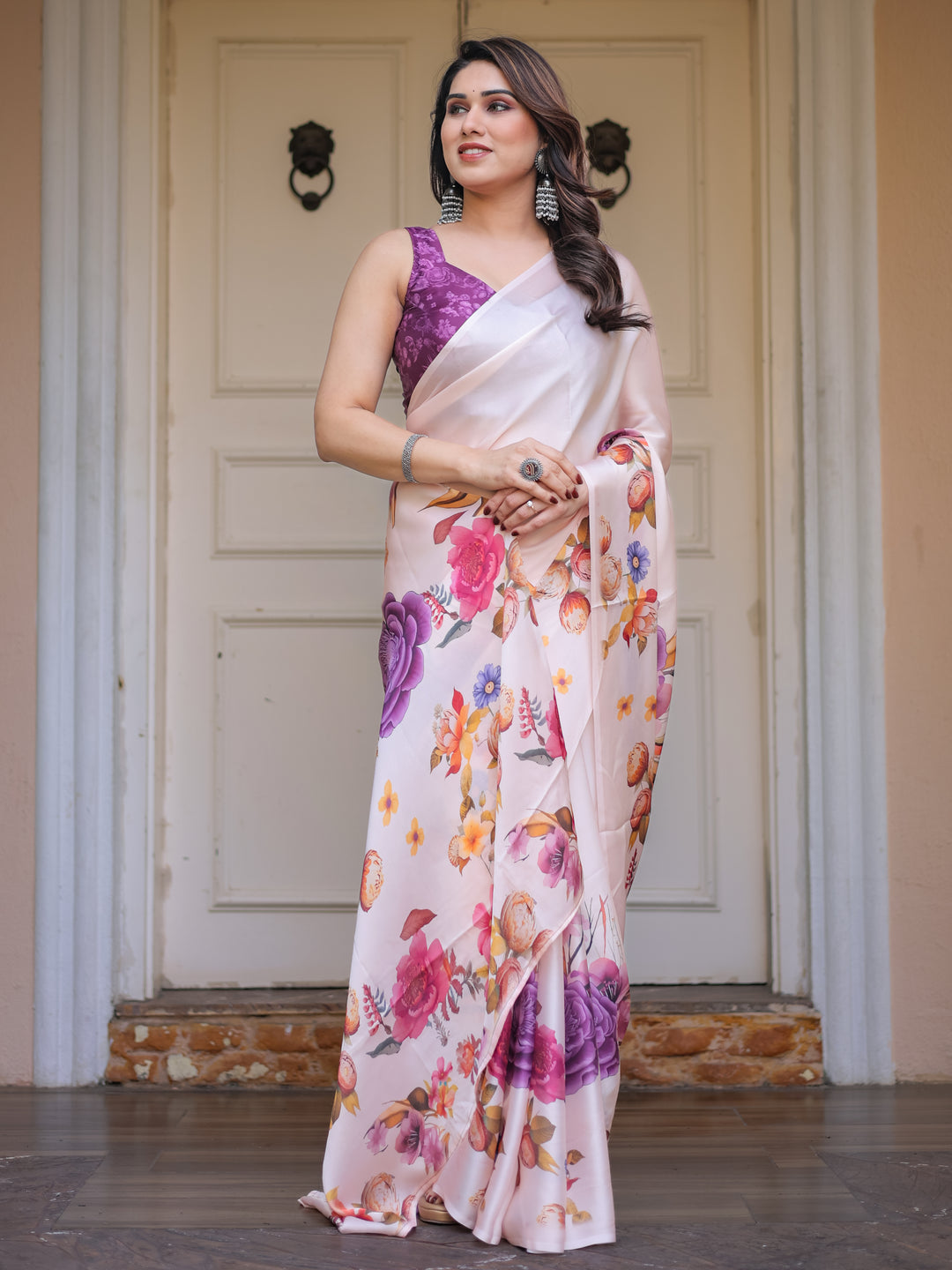 Ivory Multi-Floral Printed Satin Georgette Saree with Contrast Purple Blouse – Elegant Festive & Party Wear