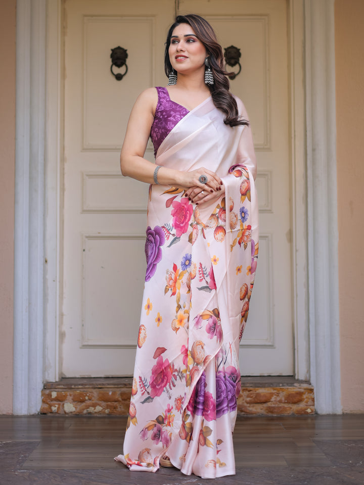 Ivory Multi-Floral Printed Satin Georgette Saree with Contrast Purple Blouse – Elegant Festive & Party Wear