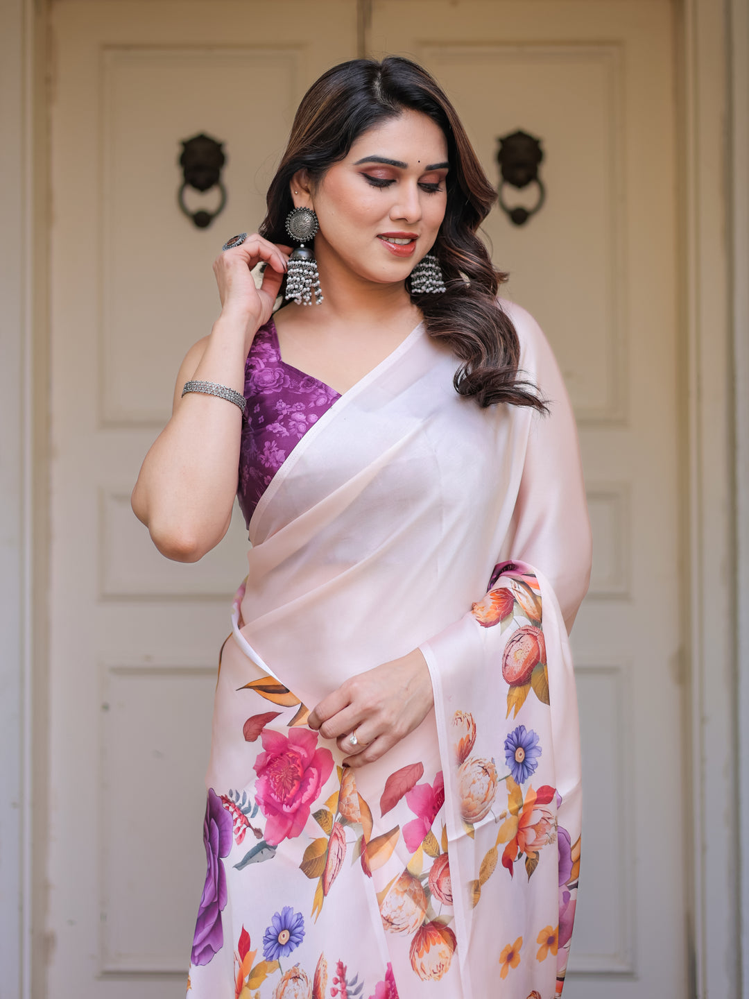 Ivory Multi-Floral Printed Satin Georgette Saree with Contrast Purple Blouse – Elegant Festive & Party Wear
