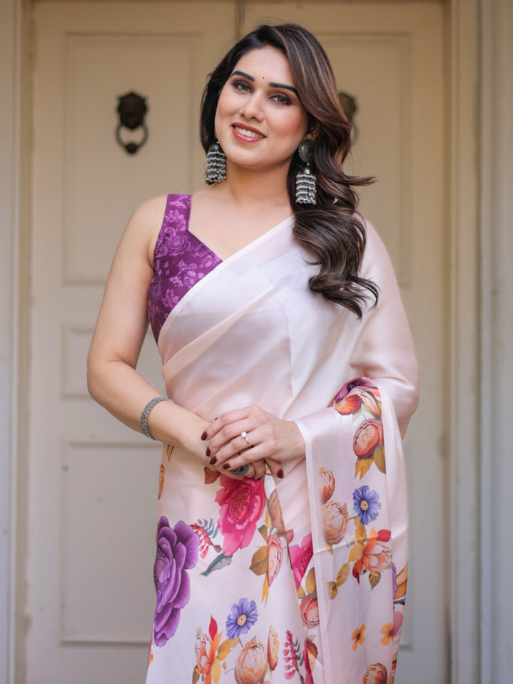 Ivory Multi-Floral Printed Satin Georgette Saree with Contrast Purple Blouse – Elegant Festive & Party Wear