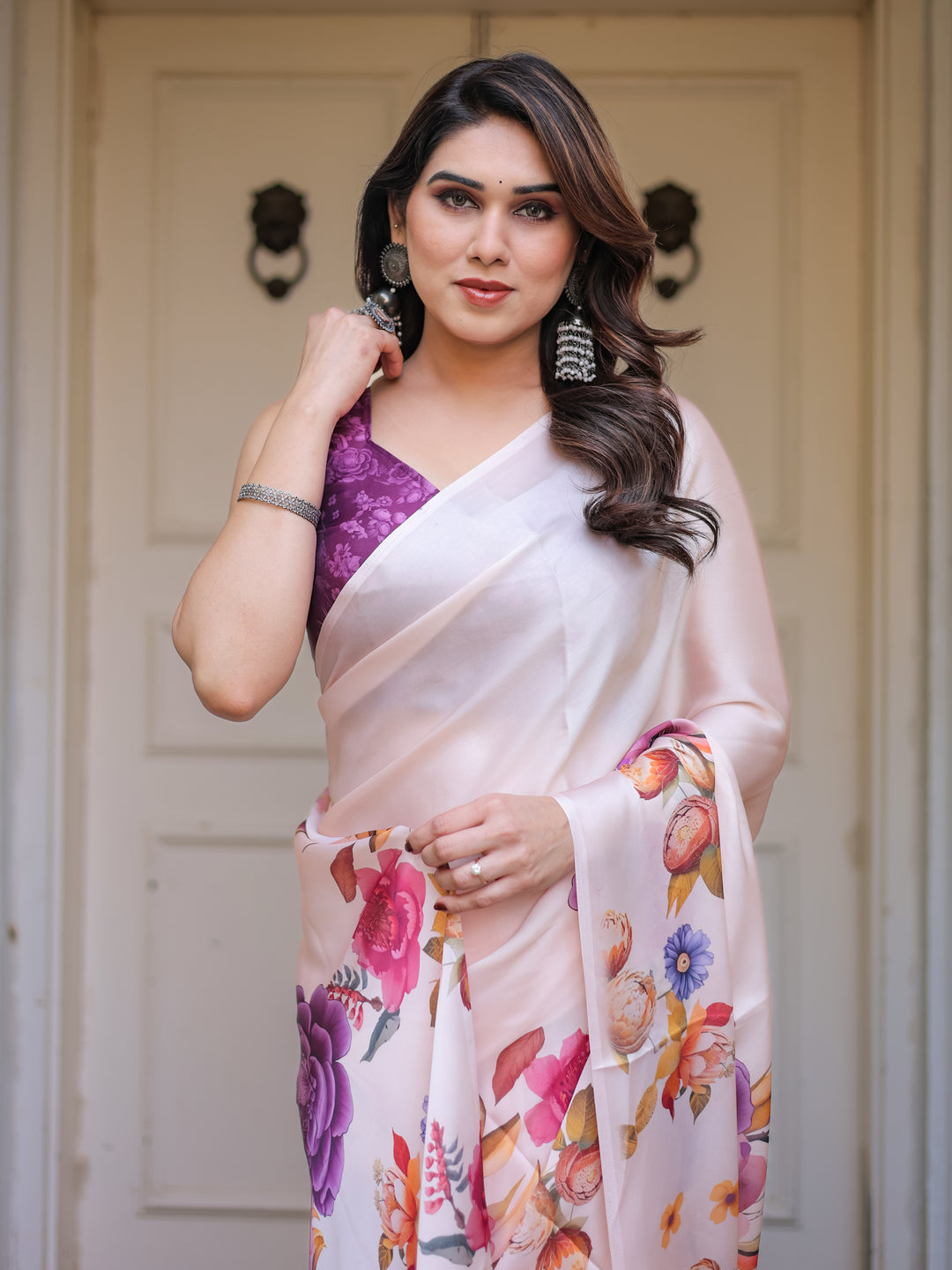 Ivory Multi-Floral Printed Satin Georgette Saree with Contrast Purple Blouse – Elegant Festive & Party Wear