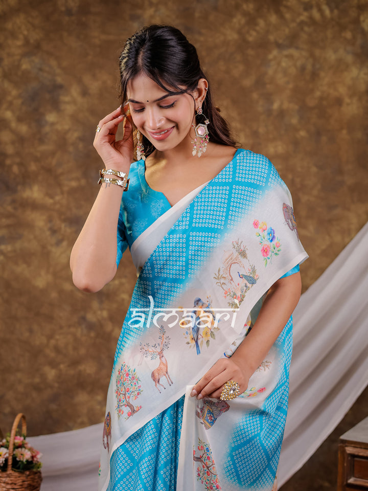 Vantara Aqua Blue Satin Chiffon Printed Saree with Bird & Nature Print, Designer Tassel Pallu & Matching Blouse Piece