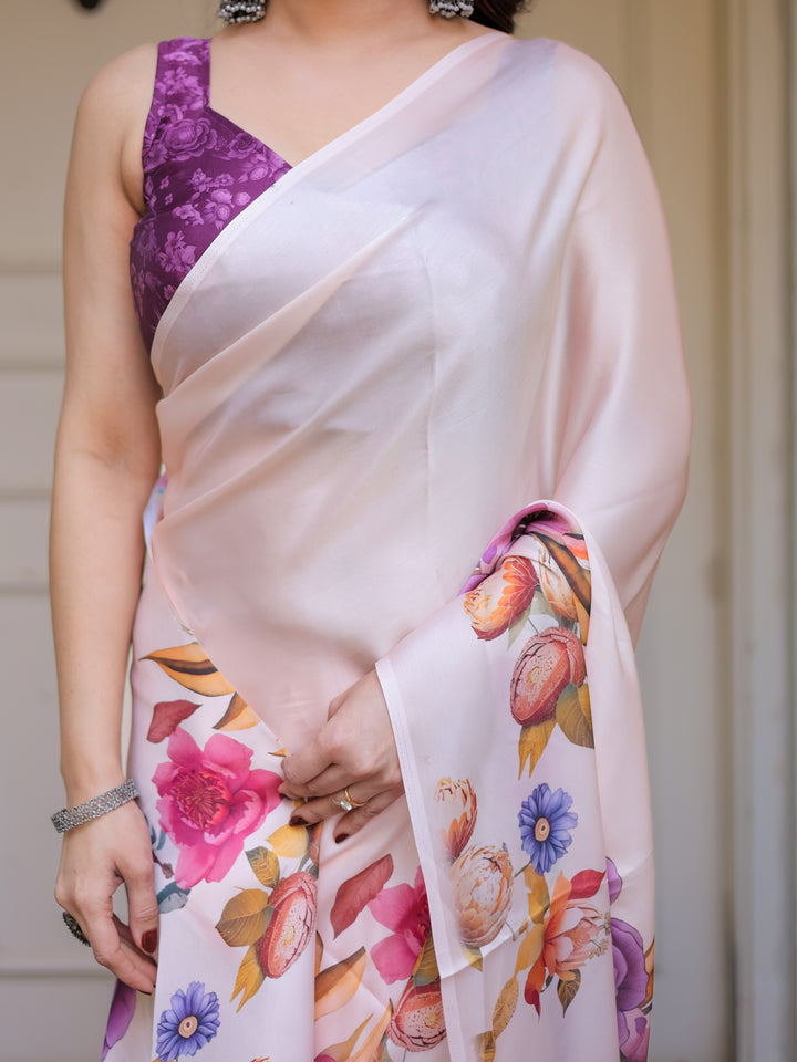 Ivory Multi-Floral Printed Satin Georgette Saree with Contrast Purple Blouse – Elegant Festive & Party Wear