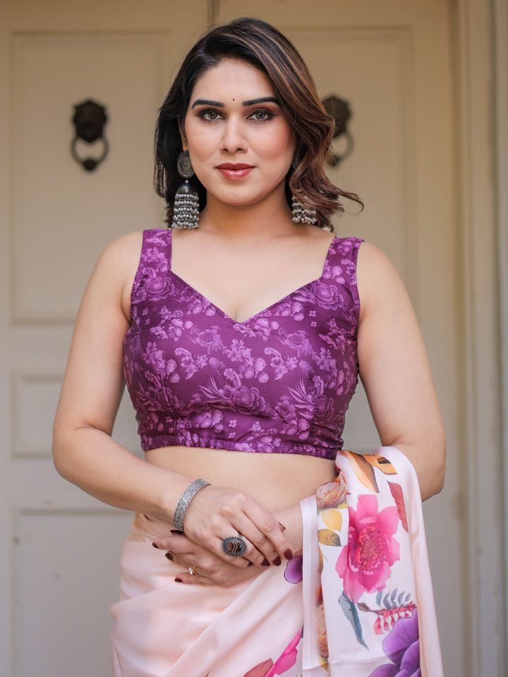 Ivory Multi-Floral Printed Satin Georgette Saree with Contrast Purple Blouse – Elegant Festive & Party Wear