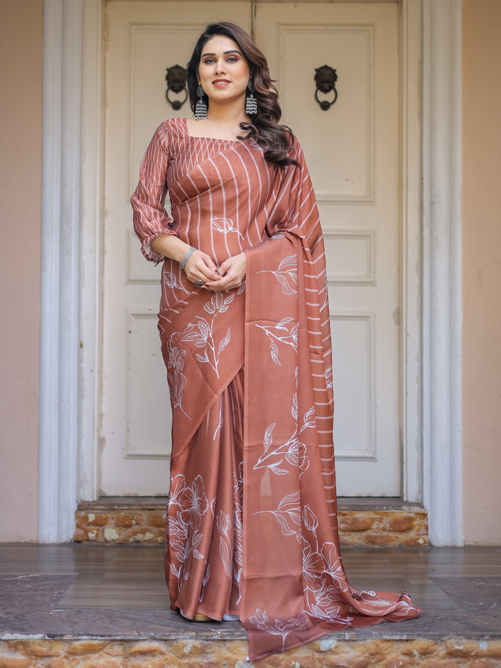 Dusty Lilac & Steel Blue Floral Printed Satin Georgette Saree with Designer Pallu & Blouse – Elegant Party & Occasion Wear