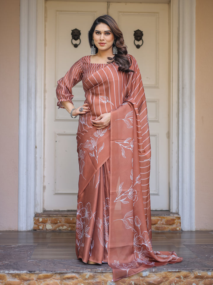 Dusty Lilac & Steel Blue Floral Printed Satin Georgette Saree with Designer Pallu & Blouse – Elegant Party & Occasion Wear