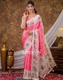 Vantara Blush Pink Satin Chiffon Printed Saree with Bird & Nature Print, Designer Tassel Pallu & Matching Blouse Piece