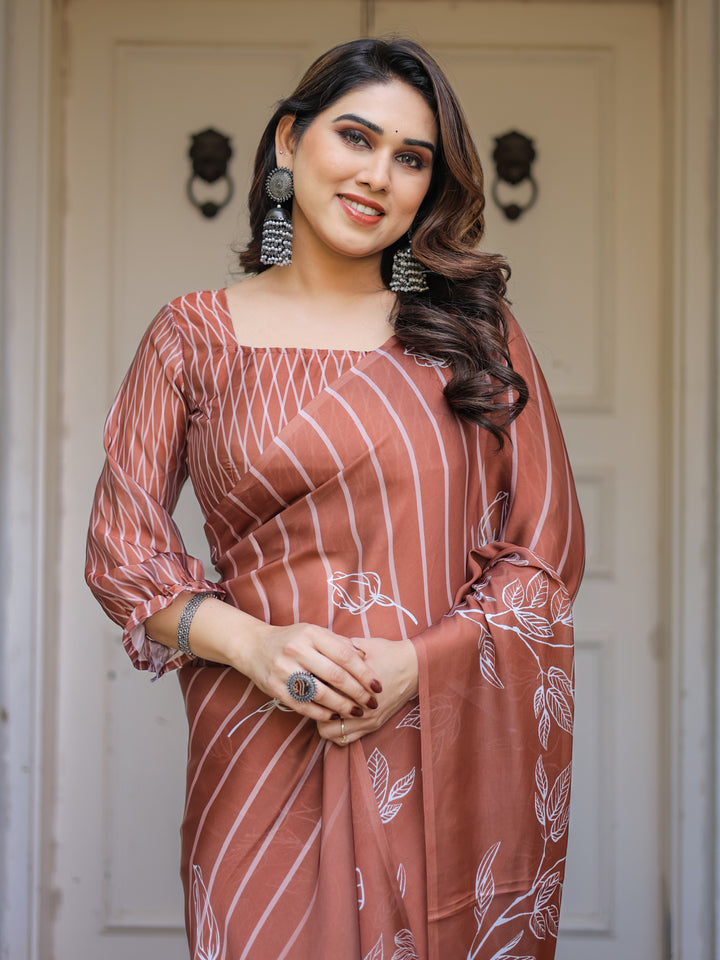 Dusty Lilac & Steel Blue Floral Printed Satin Georgette Saree with Designer Pallu & Blouse – Elegant Party & Occasion Wear