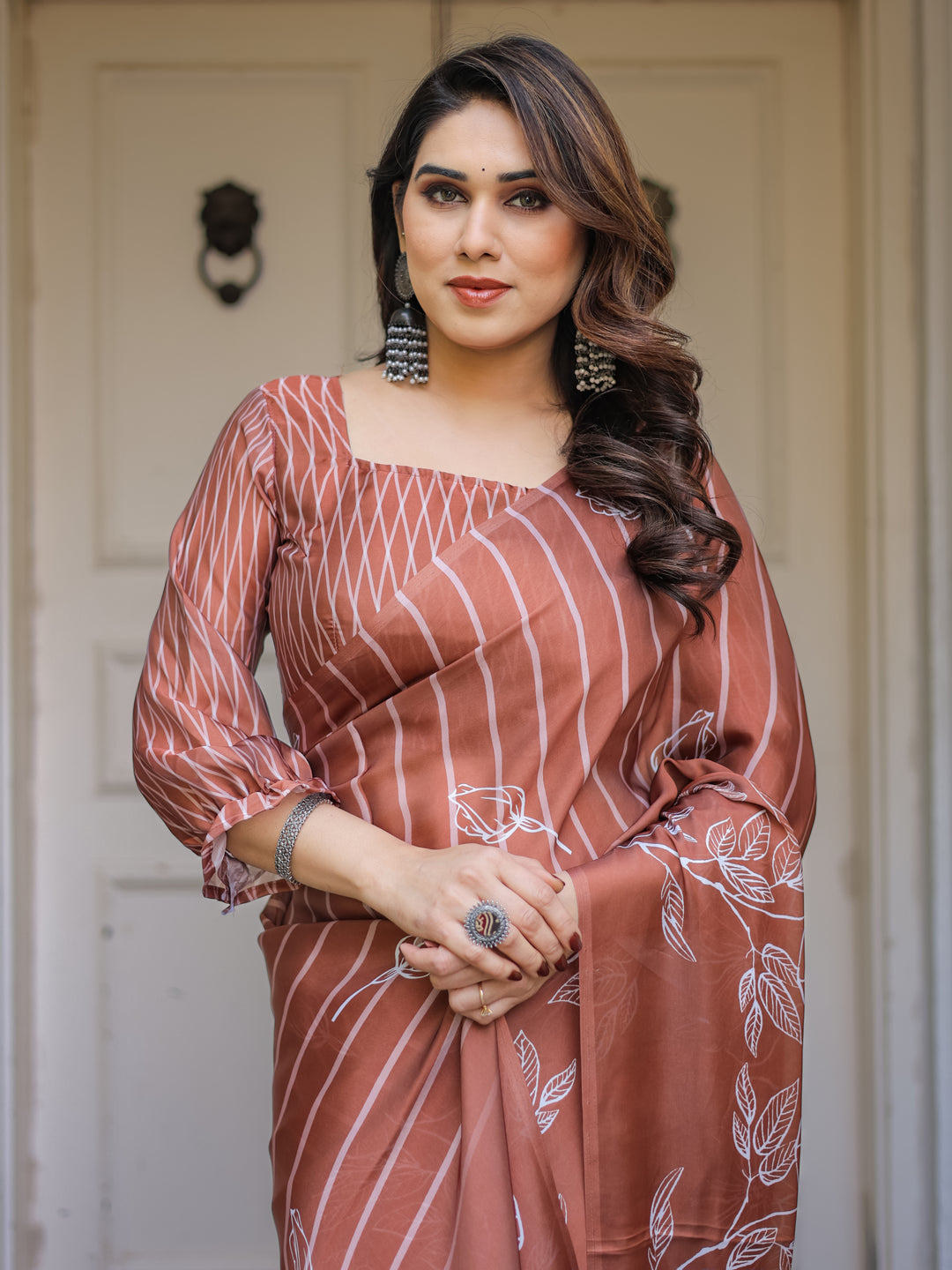 Dusty Lilac & Steel Blue Floral Printed Satin Georgette Saree with Designer Pallu & Blouse – Elegant Party & Occasion Wear