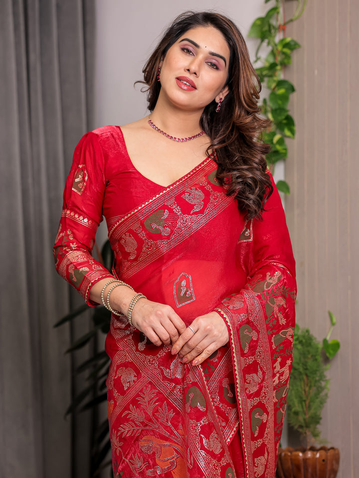 Classic Red Fendi Satin Peacock & Heritage Motif Block and Foil Printed Saree with Rich Border, Tassel Finish & Attached Blouse