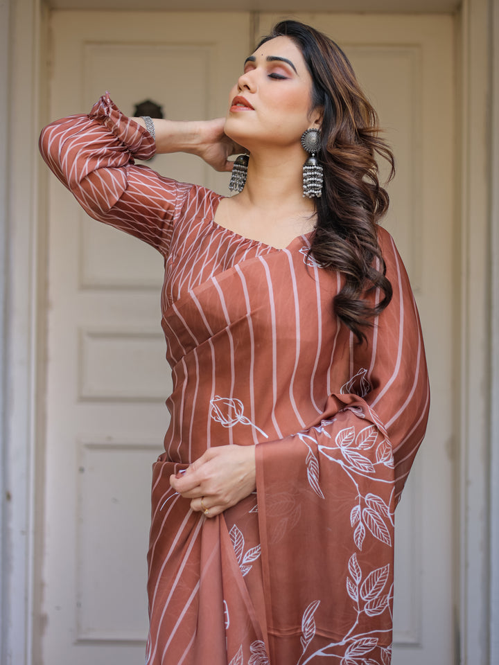 Dusty Lilac & Steel Blue Floral Printed Satin Georgette Saree with Designer Pallu & Blouse – Elegant Party & Occasion Wear