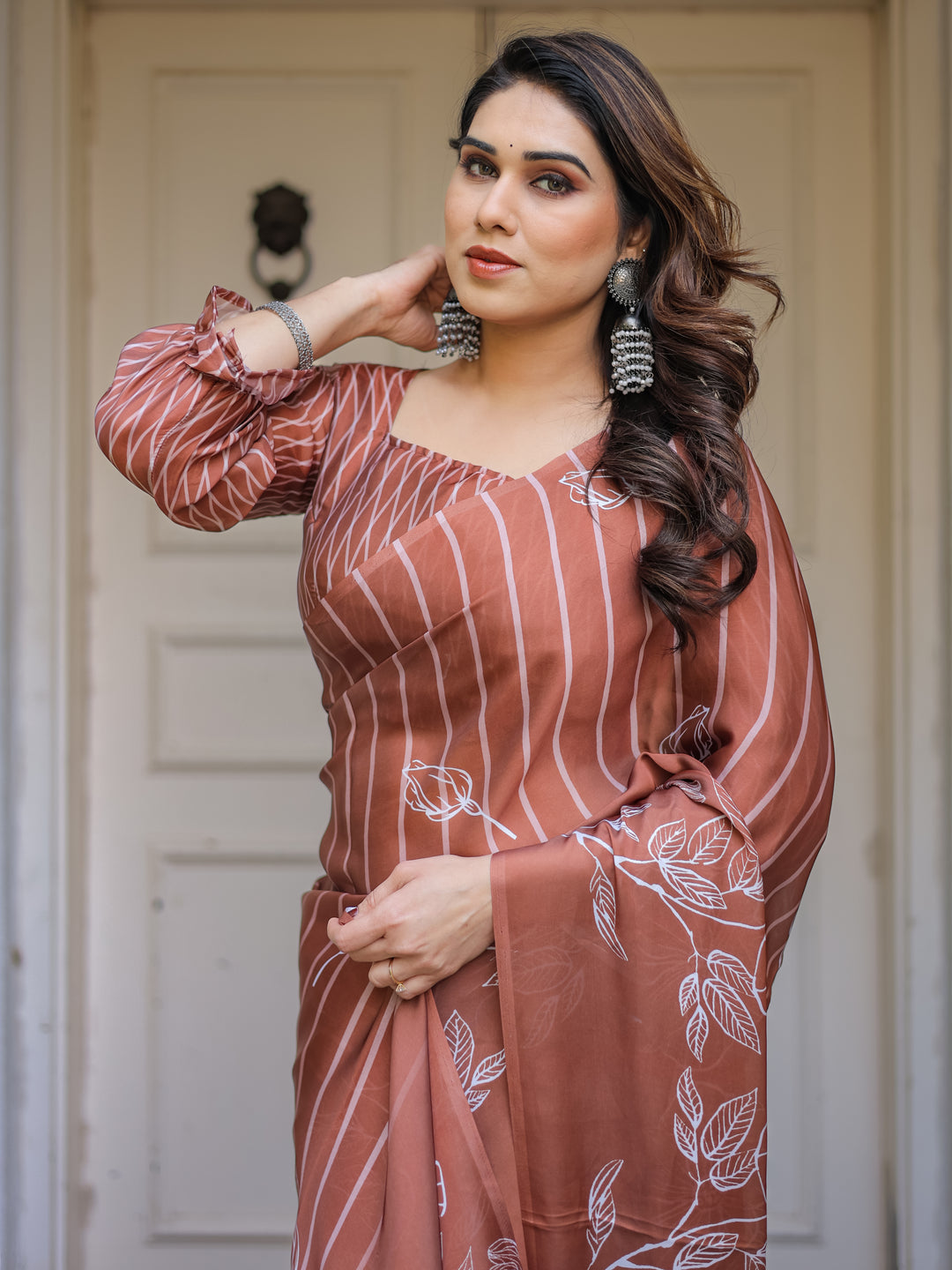 Dusty Lilac & Steel Blue Floral Printed Satin Georgette Saree with Designer Pallu & Blouse – Elegant Party & Occasion Wear