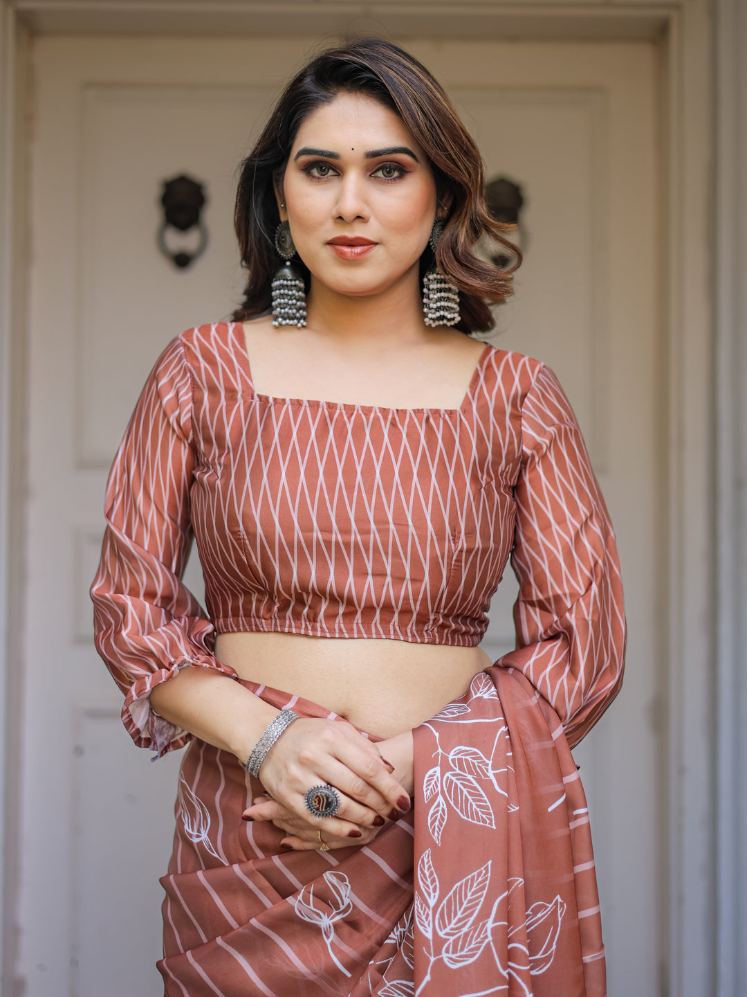 Dusty Lilac & Steel Blue Floral Printed Satin Georgette Saree with Designer Pallu & Blouse – Elegant Party & Occasion Wear