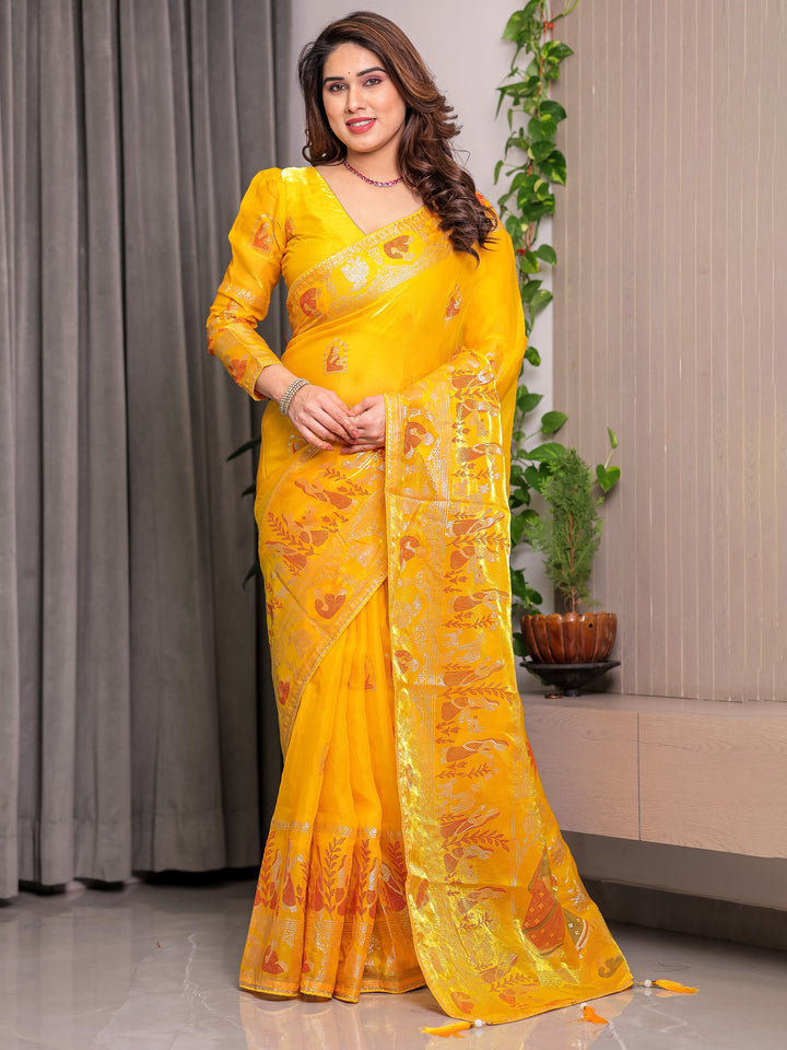 Mustard Yellow Fendi Satin Peacock & Heritage Motif Block and Foil Printed Saree with Rich Pallu, Tassel Edges & Attached Blouse