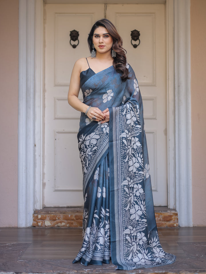 Steel Blue Floral Printed Satin Georgette Saree with Matching Blouse – Elegant Party & Evening Wear