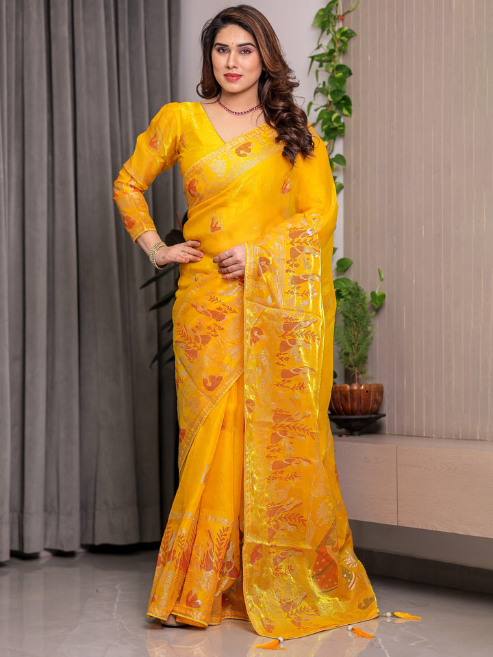 Mustard Yellow Fendi Satin Peacock & Heritage Motif Block and Foil Printed Saree with Rich Pallu, Tassel Edges & Attached Blouse