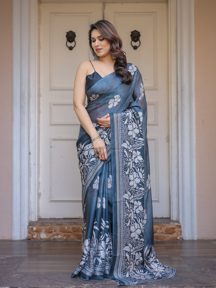 Steel Blue Floral Printed Satin Georgette Saree with Matching Blouse – Elegant Party & Evening Wear