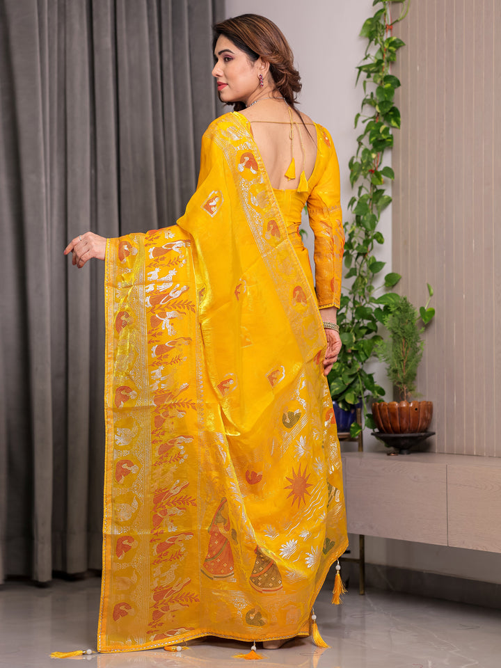 Mustard Yellow Fendi Satin Peacock & Heritage Motif Block and Foil Printed Saree with Rich Pallu, Tassel Edges & Attached Blouse
