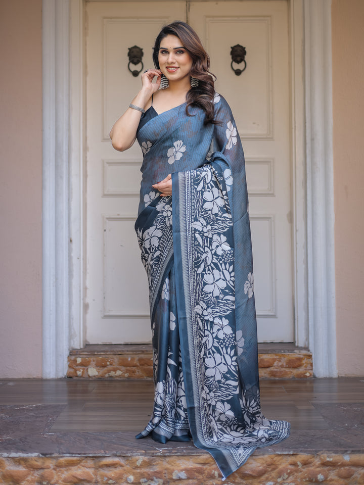 Steel Blue Floral Printed Satin Georgette Saree with Matching Blouse – Elegant Party & Evening Wear