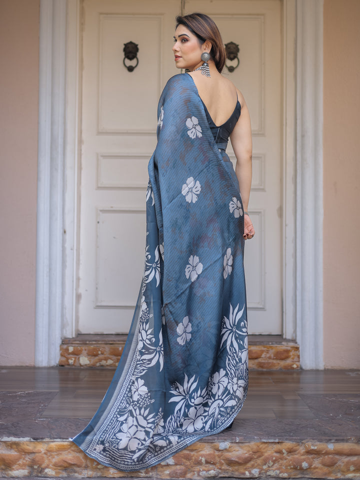 Steel Blue Floral Printed Satin Georgette Saree with Matching Blouse – Elegant Party & Evening Wear