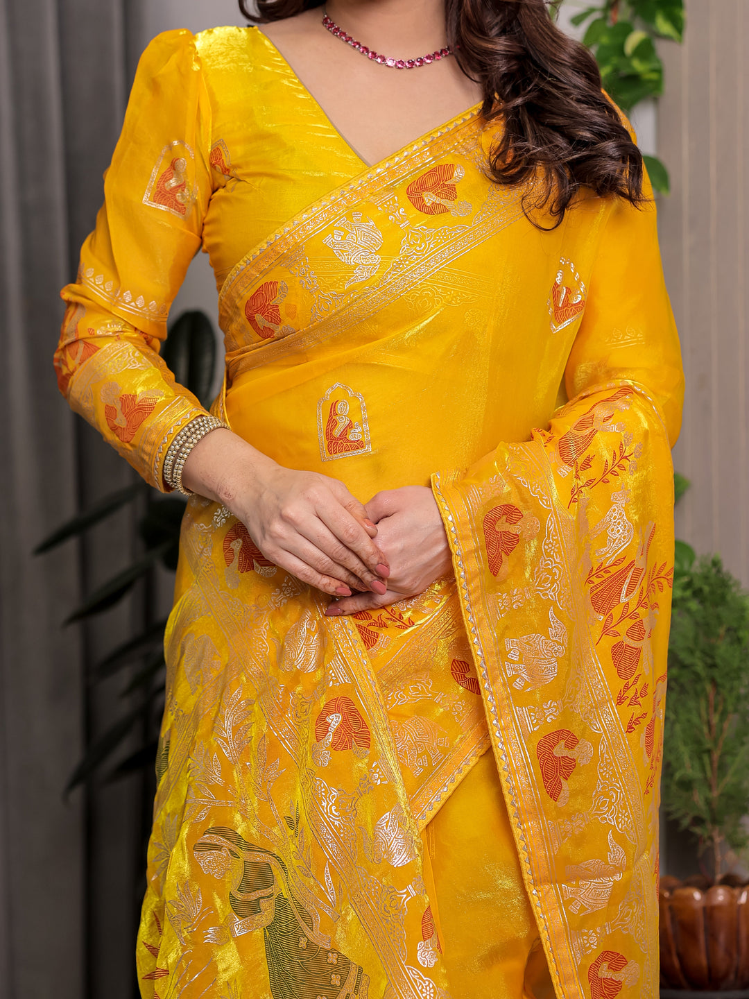 Mustard Yellow Fendi Satin Peacock & Heritage Motif Block and Foil Printed Saree with Rich Pallu, Tassel Edges & Attached Blouse