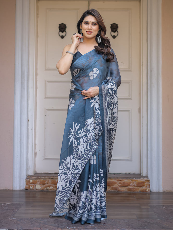 Steel Blue Floral Printed Satin Georgette Saree with Matching Blouse – Elegant Party & Evening Wear