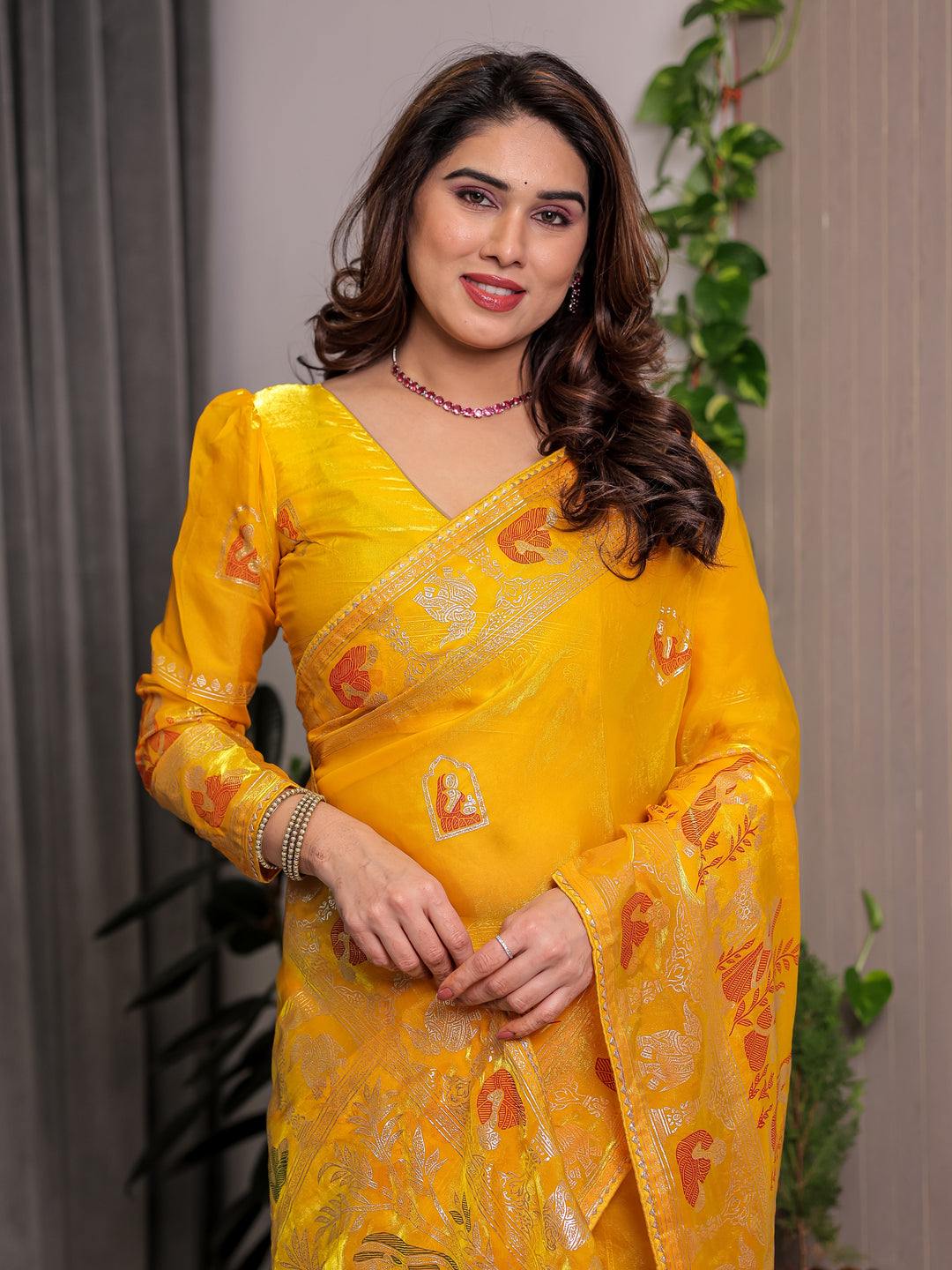 Mustard Yellow Fendi Satin Peacock & Heritage Motif Block and Foil Printed Saree with Rich Pallu, Tassel Edges & Attached Blouse