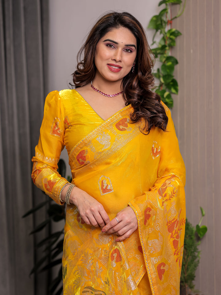 Mustard Yellow Fendi Satin Peacock & Heritage Motif Block and Foil Printed Saree with Rich Pallu, Tassel Edges & Attached Blouse