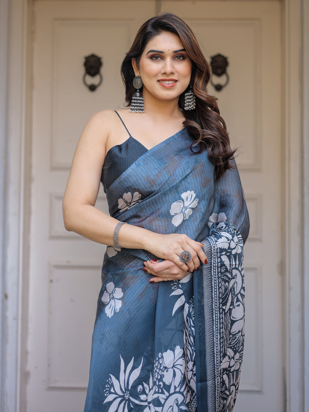 Steel Blue Floral Printed Satin Georgette Saree with Matching Blouse – Elegant Party & Evening Wear