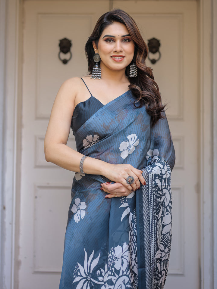 Steel Blue Floral Printed Satin Georgette Saree with Matching Blouse – Elegant Party & Evening Wear