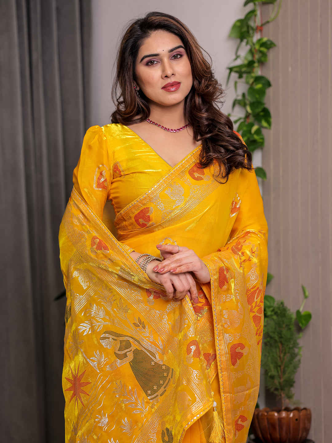 Mustard Yellow Fendi Satin Peacock & Heritage Motif Block and Foil Printed Saree with Rich Pallu, Tassel Edges & Attached Blouse