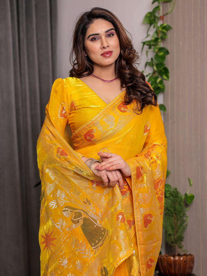 Mustard Yellow Fendi Satin Peacock & Heritage Motif Block and Foil Printed Saree with Rich Pallu, Tassel Edges & Attached Blouse