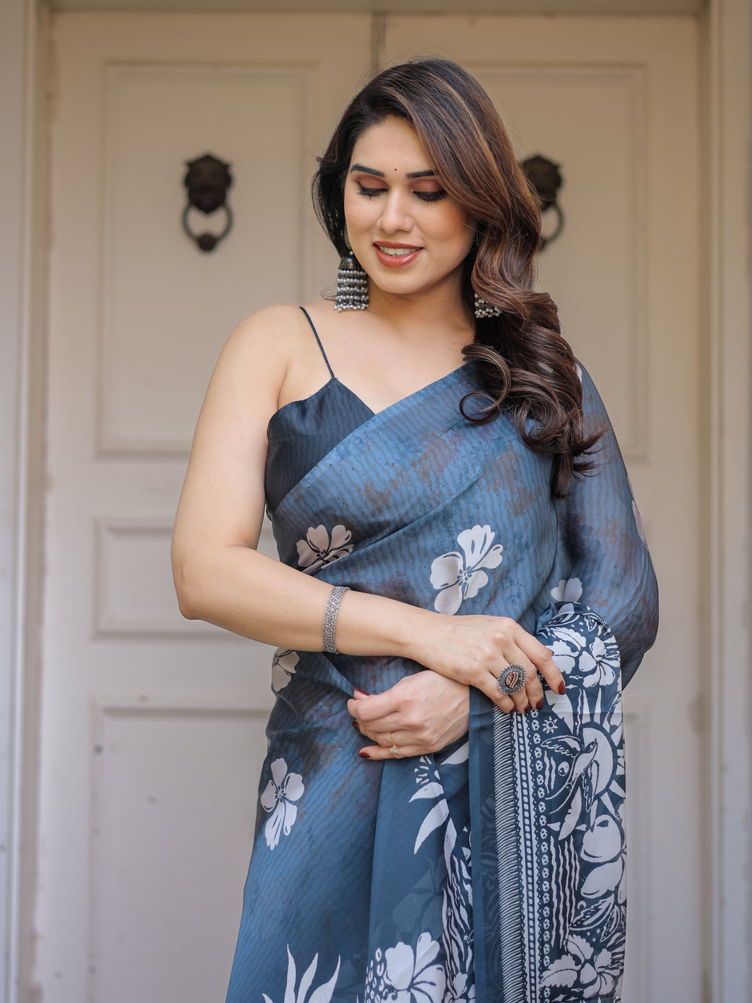 Steel Blue Floral Printed Satin Georgette Saree with Matching Blouse – Elegant Party & Evening Wear