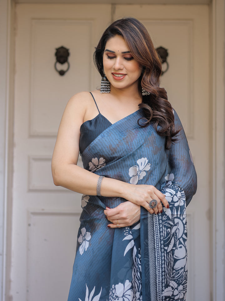 Steel Blue Floral Printed Satin Georgette Saree with Matching Blouse – Elegant Party & Evening Wear