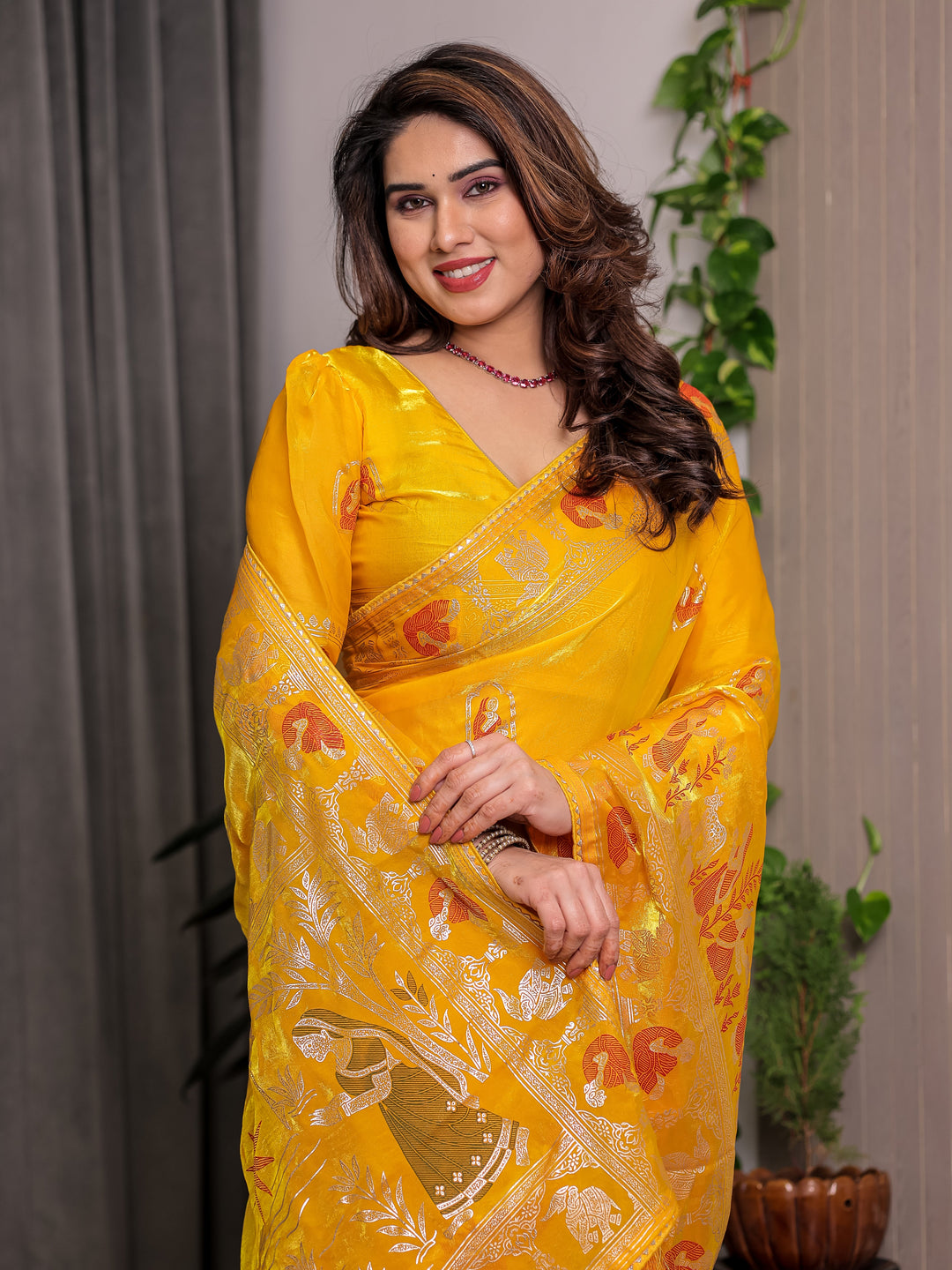 Mustard Yellow Fendi Satin Peacock & Heritage Motif Block and Foil Printed Saree with Rich Pallu, Tassel Edges & Attached Blouse