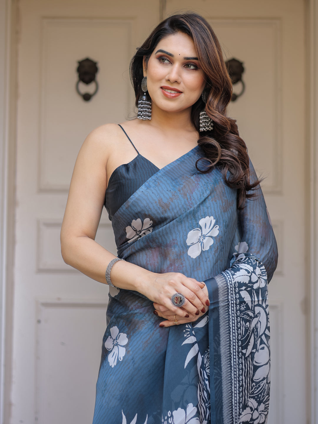 Steel Blue Floral Printed Satin Georgette Saree with Matching Blouse – Elegant Party & Evening Wear