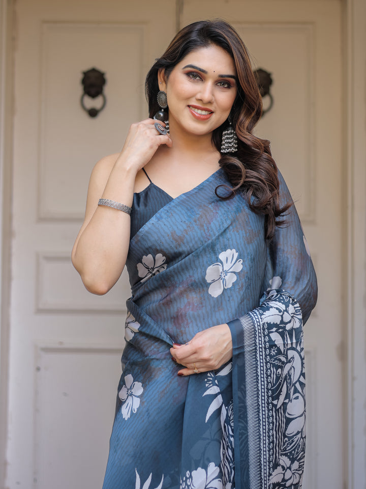 Steel Blue Floral Printed Satin Georgette Saree with Matching Blouse – Elegant Party & Evening Wear
