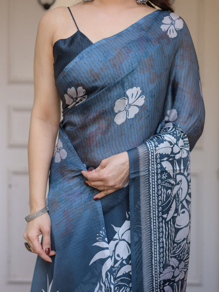 Steel Blue Floral Printed Satin Georgette Saree with Matching Blouse – Elegant Party & Evening Wear